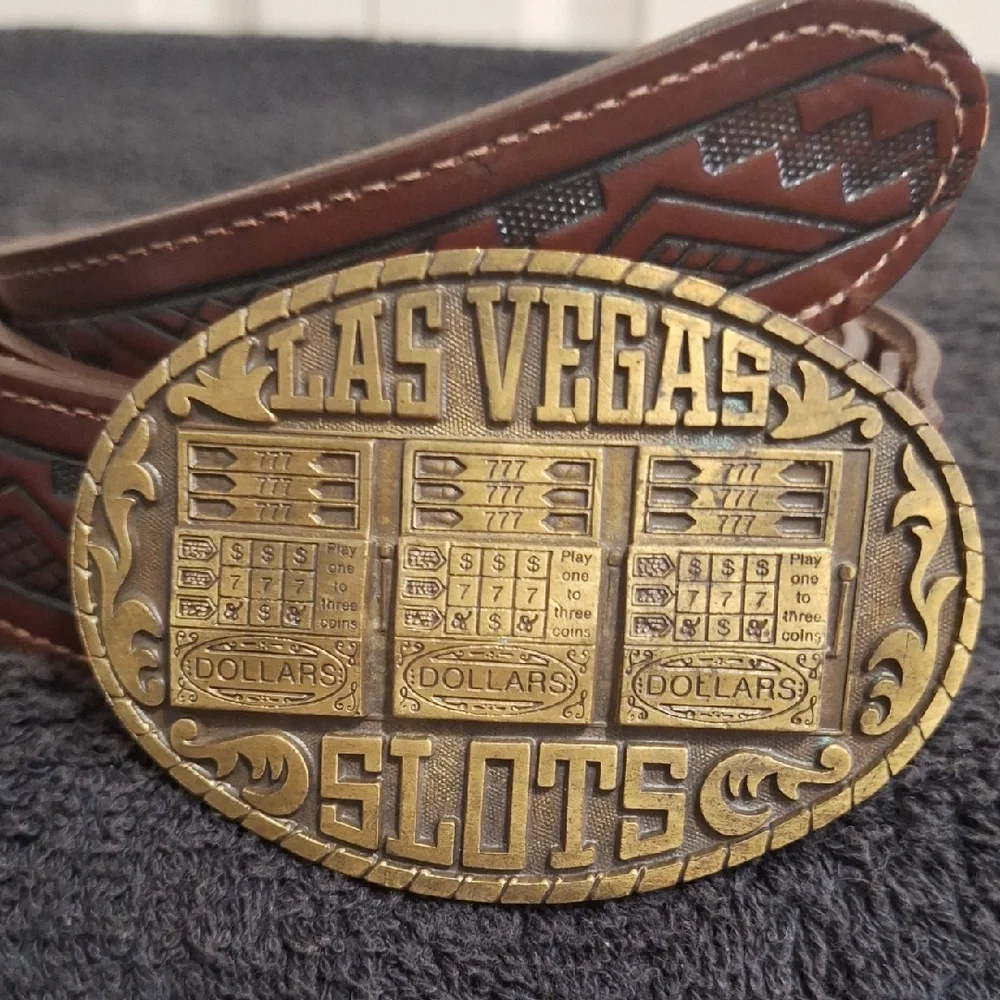 Pacific Brass And Buckle Las Vegas Slots Buckle-Brown Leather Embossed Belt